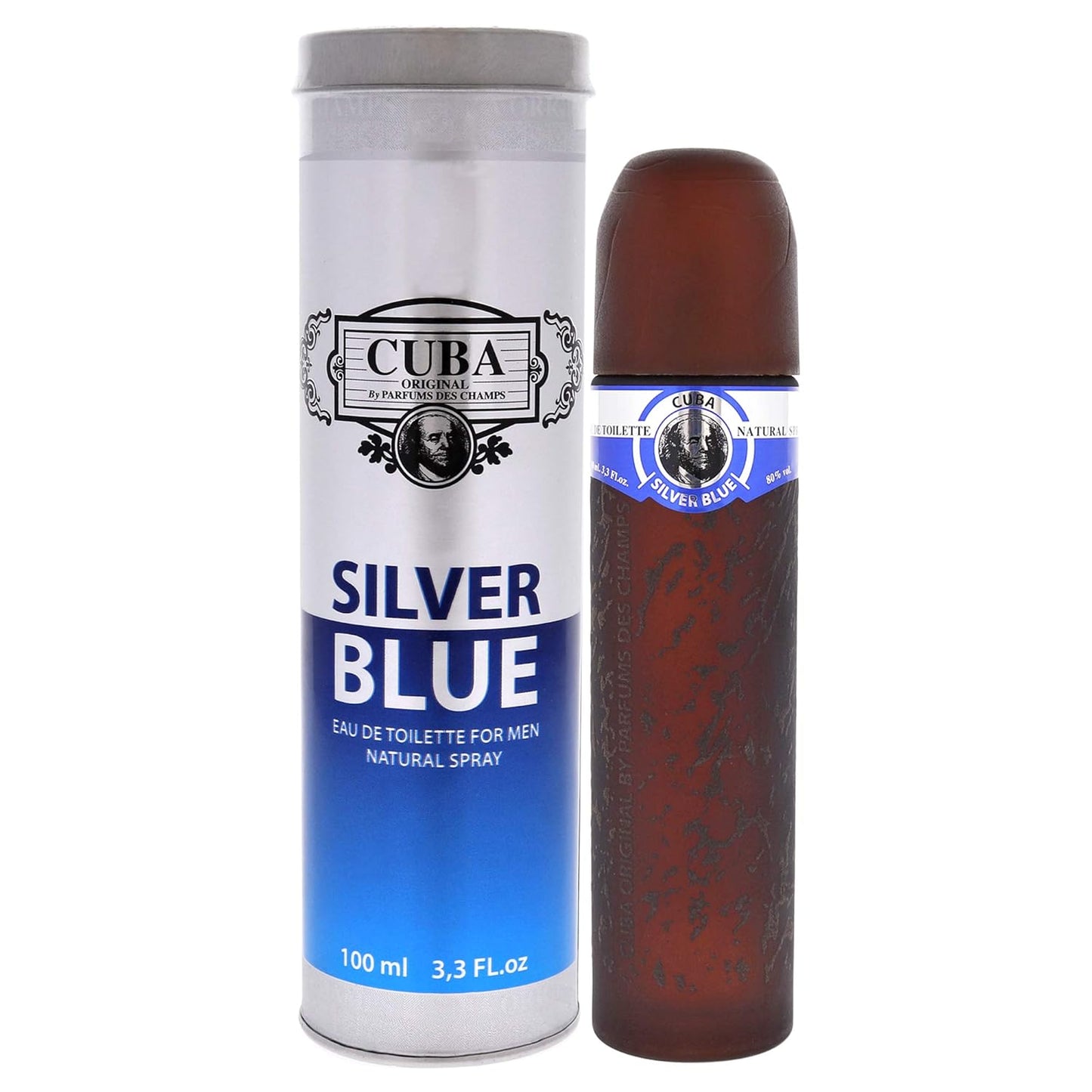 Cuba Silver Blue Eau de Toilette Spray for Men, 3.3 Ounce, Brown