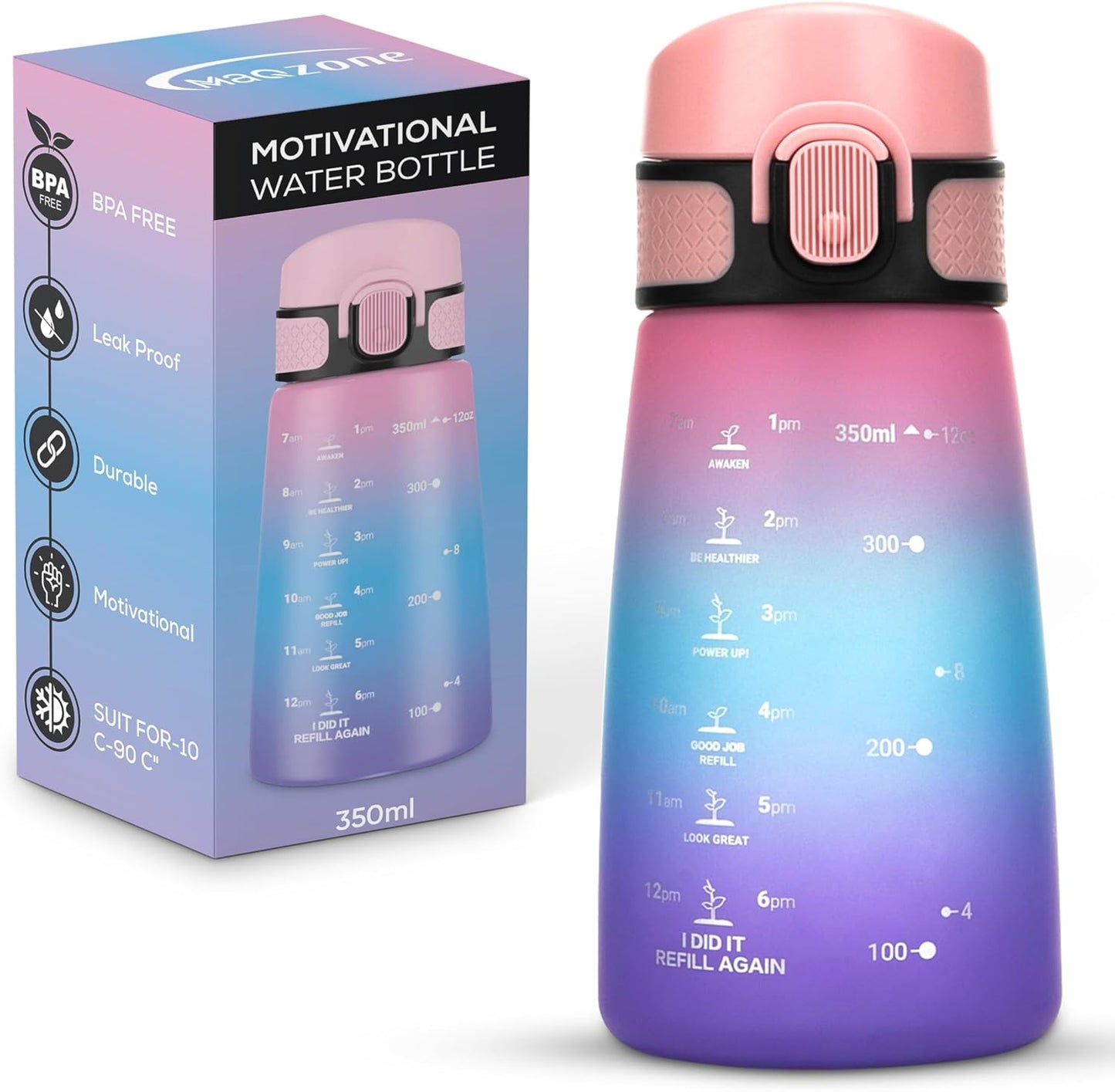 Motivational Water Bottle with Straw Leakproof Tritan Water Bottle 12oz/350ml Gym & Sports Plastic Water Bottle for Women, Men & Kids Water Bottle BPA Free