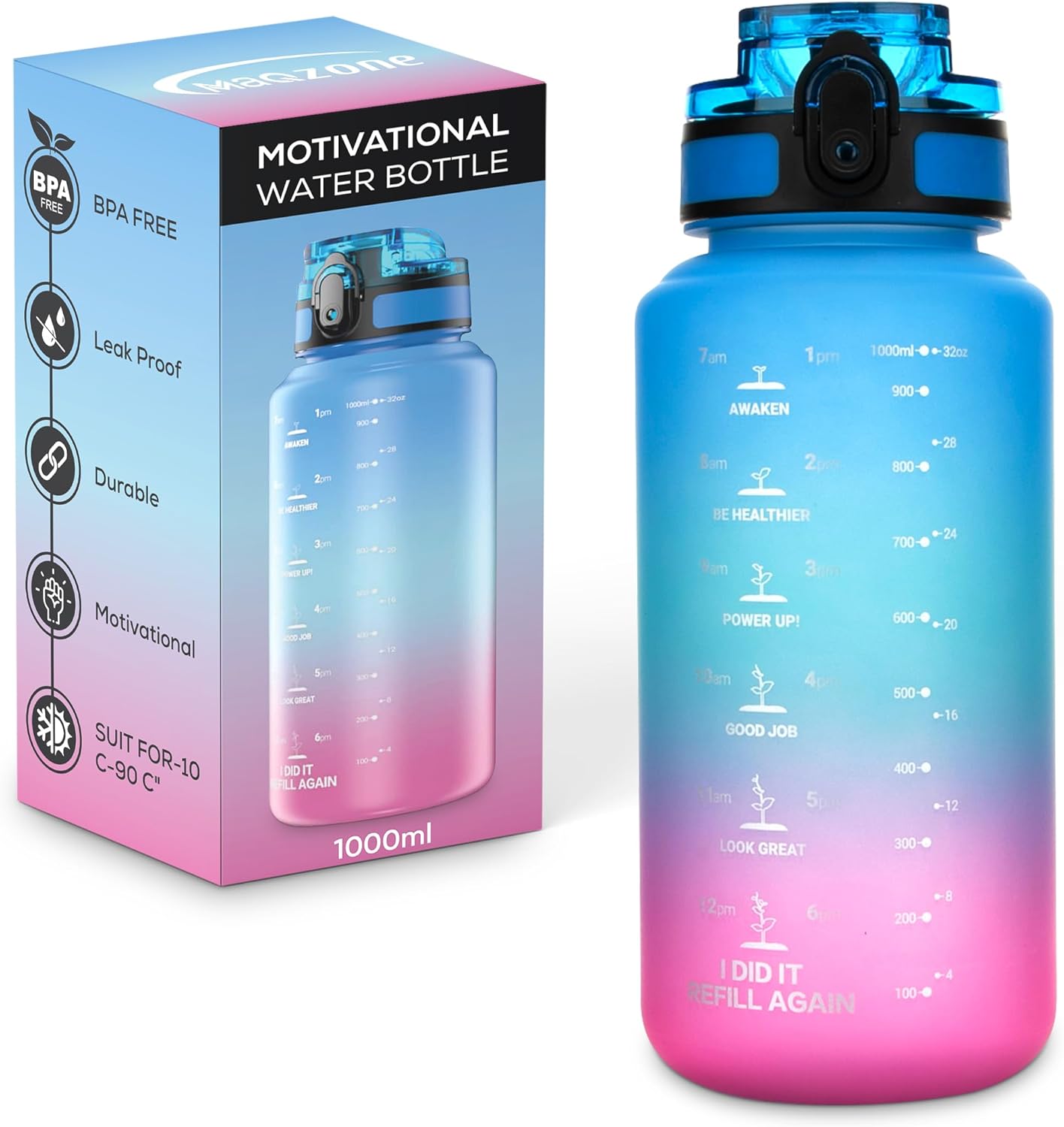 Motivational Water Bottle with Straw Leakproof Tritan Water Bottle 32oz/1000ml Gym & Sports Plastic Water Bottle for Women, Men & Kids Water Bottle BPA Free with filter