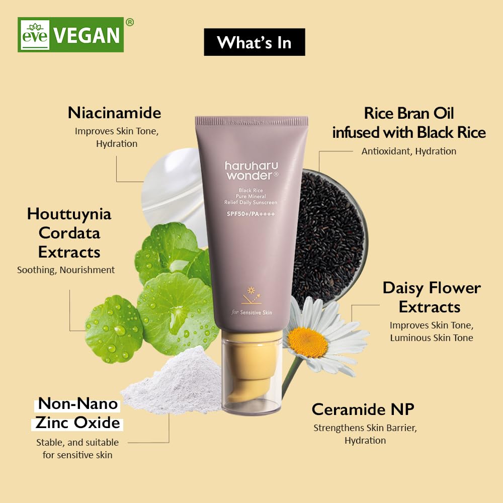 Haruharu Wonder Black Rice Pure Mineral Relief Daily Sunscreen, SPF50+/PA++++, Broad Spectrum UVA/UVB, Octanoate & Oxybenzone Free, Hyaluronic Acid, Niacinamide (50ml / 1.69fl.oz)