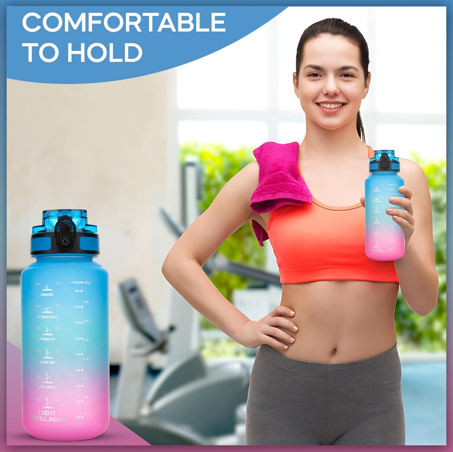 Motivational Water Bottle with Straw Leakproof Tritan Water Bottle 32oz/1000ml Gym & Sports Plastic Water Bottle for Women, Men & Kids Water Bottle BPA Free with filter