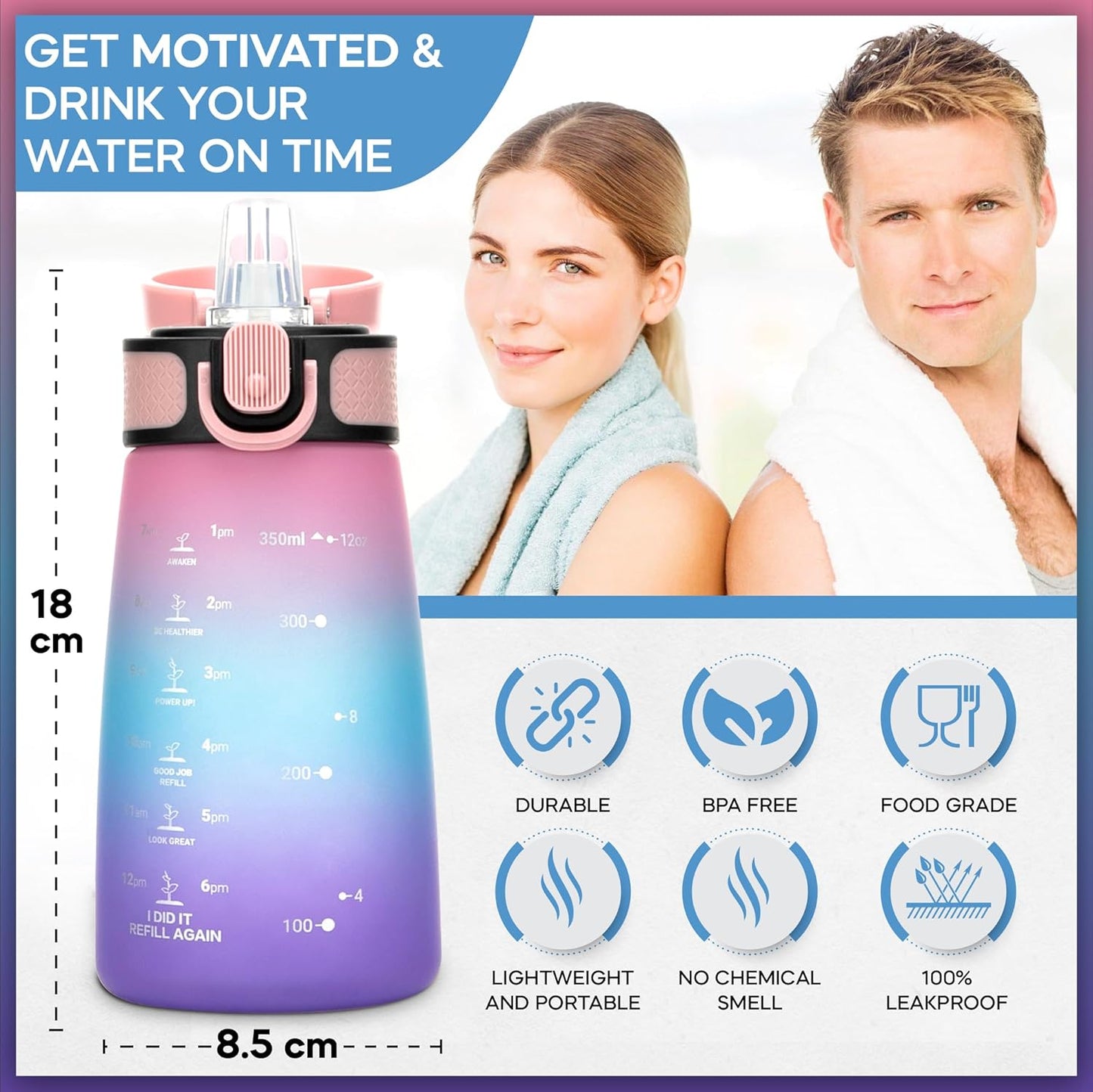 Motivational Water Bottle with Straw Leakproof Tritan Water Bottle 12oz/350ml Gym & Sports Plastic Water Bottle for Women, Men & Kids Water Bottle BPA Free