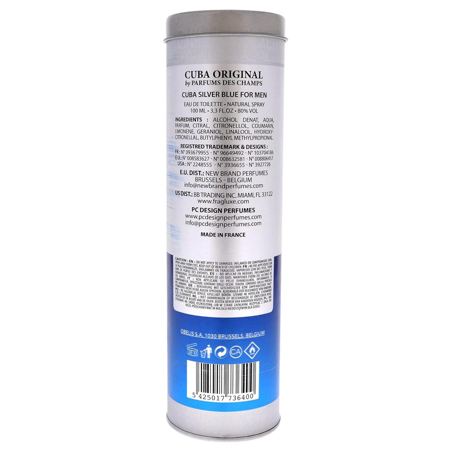 Cuba Silver Blue Eau de Toilette Spray for Men, 3.3 Ounce, Brown