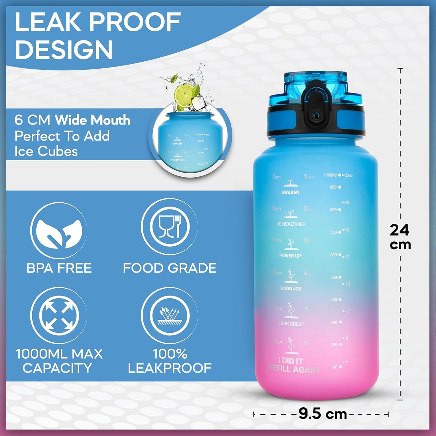 Motivational Water Bottle with Straw Leakproof Tritan Water Bottle 32oz/1000ml Gym & Sports Plastic Water Bottle for Women, Men & Kids Water Bottle BPA Free with filter