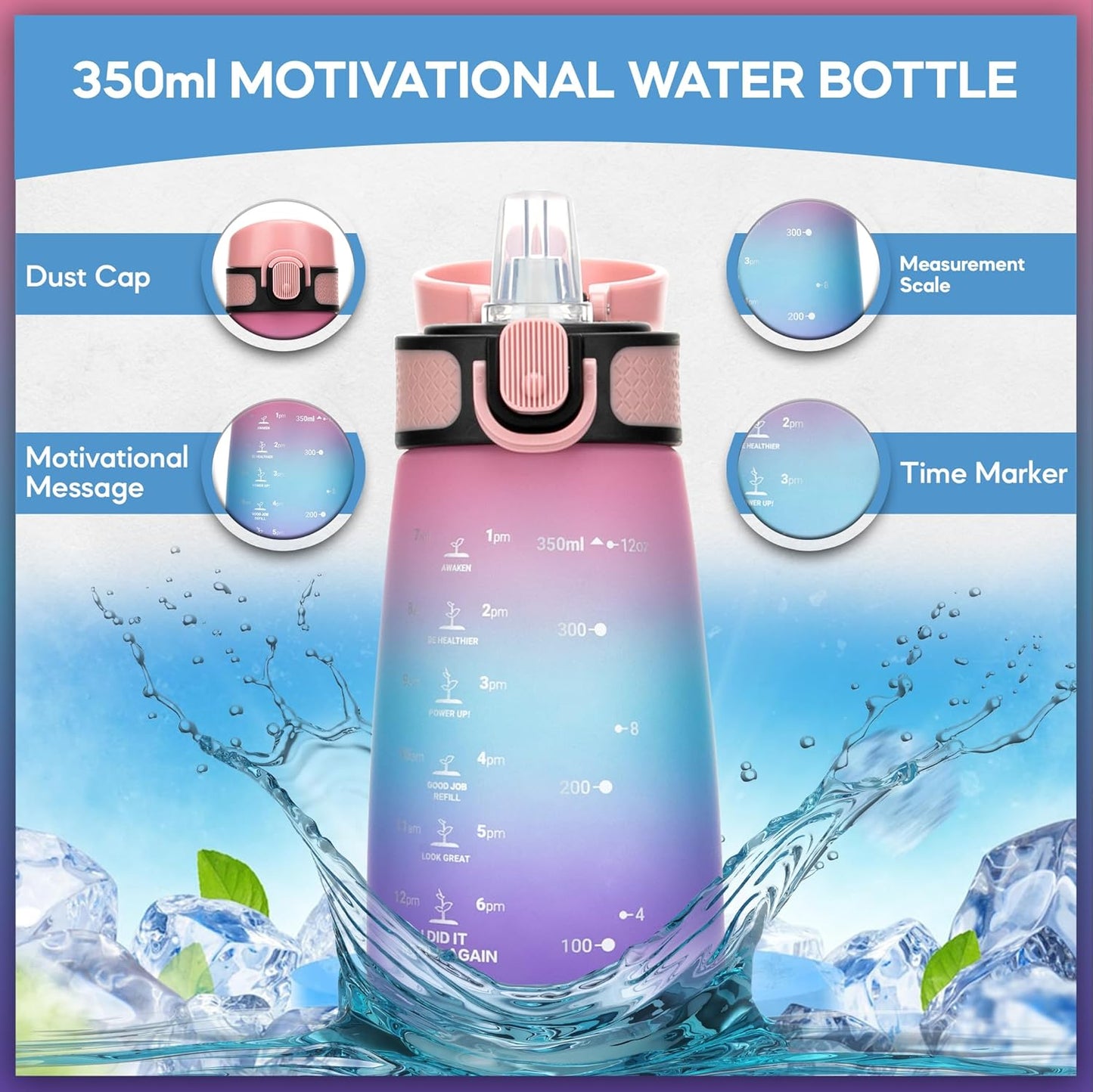 Motivational Water Bottle with Straw Leakproof Tritan Water Bottle 12oz/350ml Gym & Sports Plastic Water Bottle for Women, Men & Kids Water Bottle BPA Free