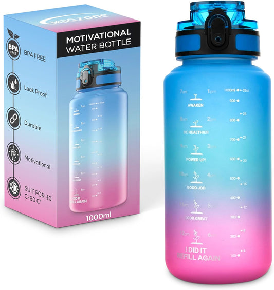 Motivational Water Bottle with Straw Leakproof Tritan Water Bottle 32oz/1000ml Gym & Sports Plastic Water Bottle for Women, Men & Kids Water Bottle BPA Free with filter